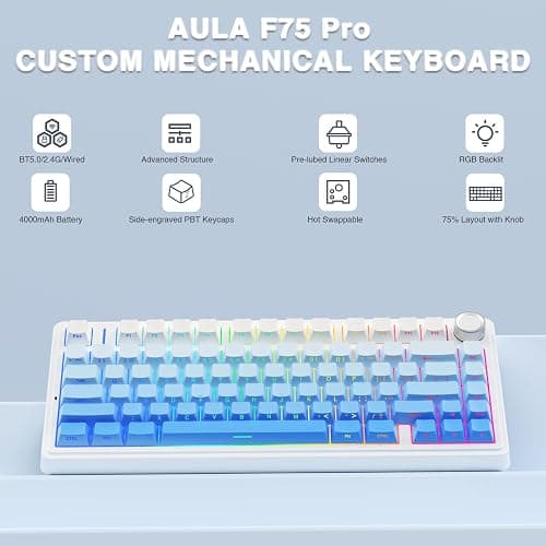 AULA F75 Pro Wireless Mechanical Keyboard,75% Hot Swappable Custom Keyboard,RGB Backlit,Pre-lubed Linear Switches,Side Printed PBT Keycaps Mechanical Gaming Keyboards,Gradient Blue thumbnail 2