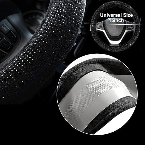 Valleycomfy Bling Steering Wheel Cover, Waterproof Diamond Floor Mats Sparkling 9-Pack Rhinestone Car Accessories for Women (Black Diamond Set) thumbnail 5