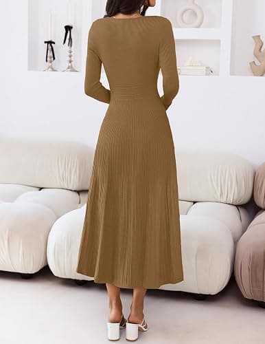 MEROKEETY Women's Sweater Dress 2025 Fall Winter Casual Long Sleeve Square Neck Pleated Church Work Knit Midi Dresses thumbnail 4
