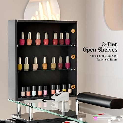 Belandi Manicure Table With Glass Top for Nail Tech - Acetone Resistant Desk Station With Storage Drawers, Open Shelves, Wrist Cushion, and Lockable Wheels (Black) thumbnail 6