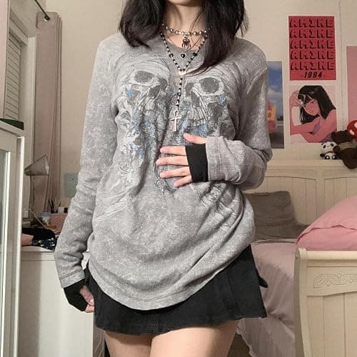 Women Y2k Fairy Grunge Shirt Vintage Graphic Print Long Sleeve Tee Tops Teen Girls Aesthetic Clothes Streetwear thumbnail 4