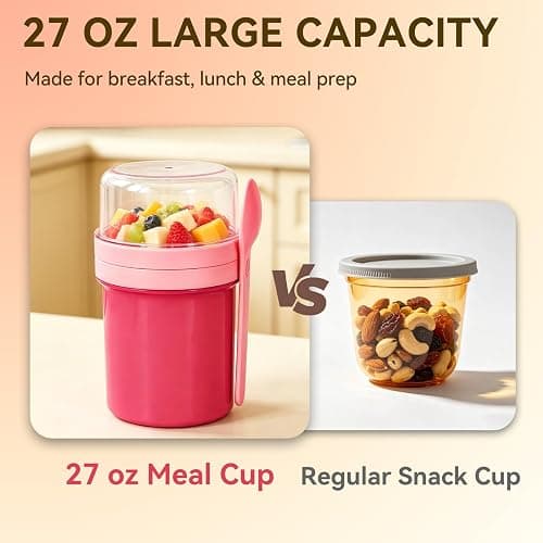 Botsparty 27oz Reusable Yogurt Parfait & Overnight Oats Cups – 100% Leakproof with Lid & Spoon for Meal Prep, Breakfast, Office & Gym (Pink) thumbnail 4