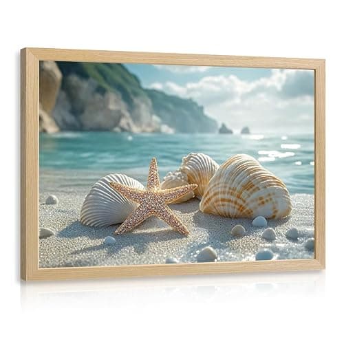 Clicyre Coastal Wall Art for Bathroom, Blue Ocean Beach Canvas Prints, Seaside Starfish & Seashell Decor, Nautical Sand Seascape Pictures for Bedroom Living Room Home Decoration Wood Framed 12x16 Inch - Image 1