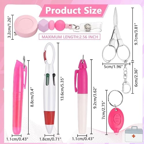 6 Pcs Nurse Badge Accessories Nurse Pen Pack Set Including Retractable Badge Reel Clip, Mini Highlighter, Permanent Marker, Ballpoint Pen, LED Keychain Flashlight, Folding Scissors, Pink thumbnail 2