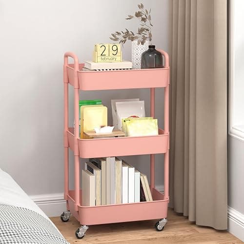 Sywhitta 3-Tier Plastic Rolling Utility Cart with Handle, Multi-Functional Storage Trolley for Office, Living Room, Kitchen, Movable Storage Organizer with Wheels, Pink thumbnail 4