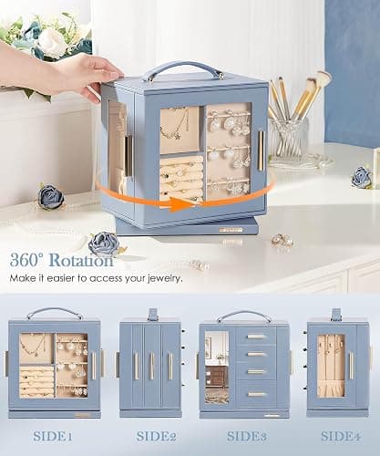 Homde Christmas Gifts Jewelry Box 360° Rotating, Necklace Earring Organizer with Transparent Window, Mirror, 7 Drawers, Large Ring Display Storage Case for Girls Women (Grey Blue) thumbnail 4
