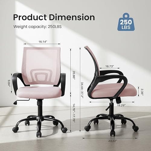 DUMOS Office Desk Chair - Ergonomic Mid Back with Lumbar Support & Rocking Mode, Height Adjustable with Fixed Armrest, Storage Back for Computer, Gaming, Conference, Meeting Room, 360° Swivel, Pink thumbnail 3