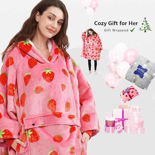 KFUBUO Wearable Blanket Hoodie for Adults Sherpa All Patterns Oversized Sweatshirt Blanket with Pockets Cute Birthday Gifts for Sister Strawberry thumbnail 6