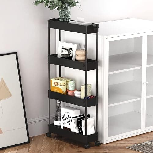 SPACELEAD Slim Storage Cart 4 Tier,Bathroom Organizer Rolling Utility,Mobile Shelving Unit Slide Out for Office, Kitchen, Laundry Room & Narrow Places,Black thumbnail 6