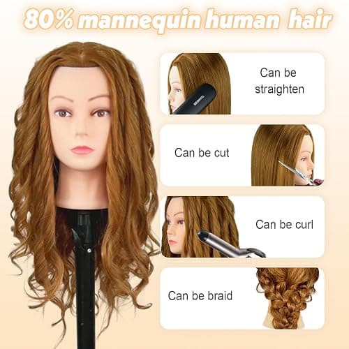 22" MQHIHI Mannequin Head Human Hair Cosmetology Manikin Doll Head with 80% Real Hair for Hairdresser Practice Cutting Braiding Hair Styling with Clamp Holder and Tools (Light Brown) thumbnail 3