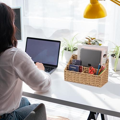 Oranwell Woven Mail Organizer for Desk Countertop, Desktop Mail Holder Sorter Storage Basket with Envelope Letter File Compartments thumbnail 2