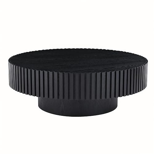JUSTONE 31.5" Modern Farmhouse Black Round Coffee Table - Wood Drum Accent Table for Living Room,Handcrafted Relief Carving,ø31.5" x 13.8"H (Black) thumbnail 9