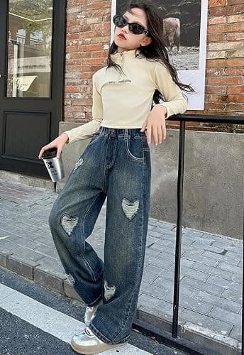 NABER Kids Girls Elastic Waist Cool Ripped Jeans Washed Denim Wide Leg Ripped Denim Jean Age 5-15 Years thumbnail 3