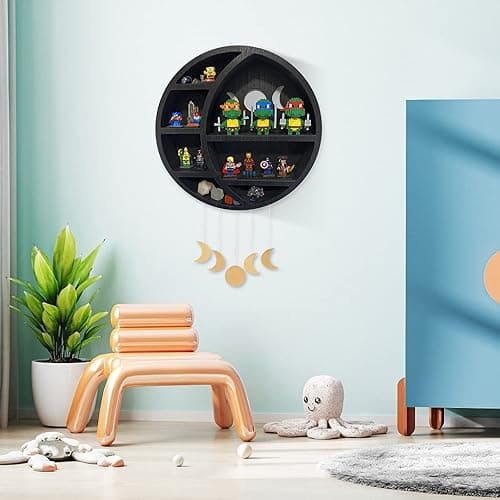 Ella & Emma Wooden Moon Shelf - Crescent Moon Crystal Shelf, Crystal Storage & Wall Hanging Shelves for Bedroom Aesthetic, Moon Phase Wall Decor & Crystal Display Shelf, Pinewood, Black - Full Black thumbnail 8
