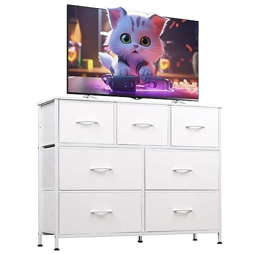 WLIVE 7 Drawer Dresser TV Stand, Dressers for Bedroom, Fabric Storage Tower, Hallway, Entryway, Closets, Sturdy Steel Frame, Wood Top, Easy Pull Handle, White - White
