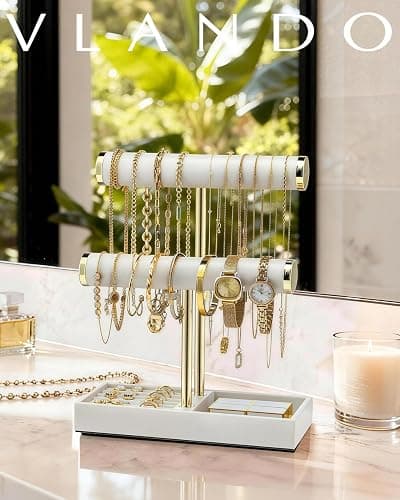 Vlando 2 Tier Bracelet Holder with Tray - Leather Jewelry Stand Organizer for Women - Valentines Day Gift Her- Jewelry Holder Display for Necklace, Watches, Rings, Earrings, Bangle, Scrunchie - White thumbnail 2