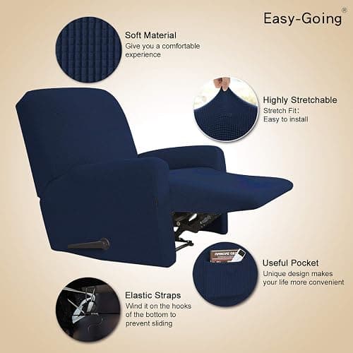 Easy-Going Recliner Stretch Sofa Slipcover Sofa Cover 4-Pieces Furniture Protector Couch Soft with Elastic Bottom Spandex Jacquard Fabric Small Checks(Recliner,Navy) Large thumbnail 5
