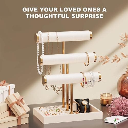 Abiglifty 3 Tier Necklace Holder Display, Jewelry Organizer, Jewelry Stand, Bracelet Display, Necklace Organizer, Bracelet holder, Jewelry Display for Necklace, Watches, Rings, Beige thumbnail 8