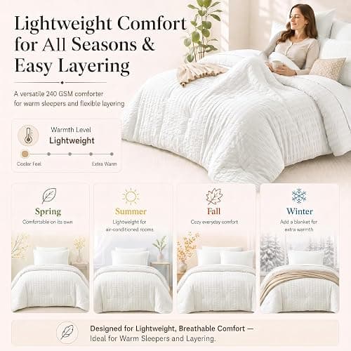 CozyLux Oversized Queen Comforter Set, 7-Piece White Seersucker, 98 x 98 in | OEKO-TEX Certified All Season Bed in a Bag with 240 GSM Down Alternative Comforter, Flat & Fitted Sheets, Pillowcases & Shams thumbnail 8