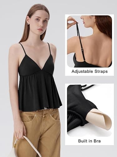 SUUKSESS Women V Neck Babydoll Tank Tops with Built in Bra Summer Cute Peplum Cami Going Out Tops thumbnail 3