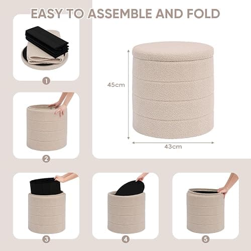 PINPLUS Storage Ottoman, 29.9 inches Velvet Sherpa Folding Storage Round Foot Rest Ottoman Beige Color,16.9" D x16.9 W x 17.7" H thumbnail 3