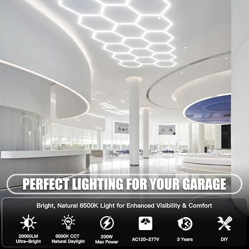 JTT Hexagon Garage Lights, 200W 20000LM 5 Grids 25Pack LED Garage Hexagon Lights, 6500K Super Bright Car Detailing Ceiling LED Shop Light for Warehouse Workshop Gym Basement Car Care Wash Room thumbnail 2