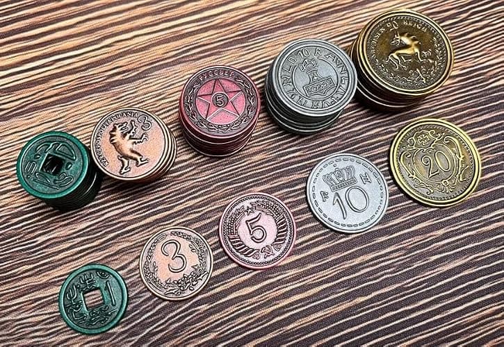 Stonemaier Games: Metal Coins (Scythe and Expeditions) | Metal Coins to Enhance Your Gameplay | 80 Coins with Unique Colors and Sides for Each Denomination - Values Include 1, 3, 5,10, and 20 thumbnail 8