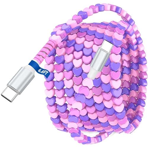 AIAUXAI USB C to USB C Cable,6FT Beaded Charger Charging Cord,Pink-Purple | 60W Cute Type C Phone Charger Cord for iPhone 18 Pro Max 17 16/iPad&CarPlay,for Samsung S26 S25 Ultra A17 Android Girls Women - Image 1
