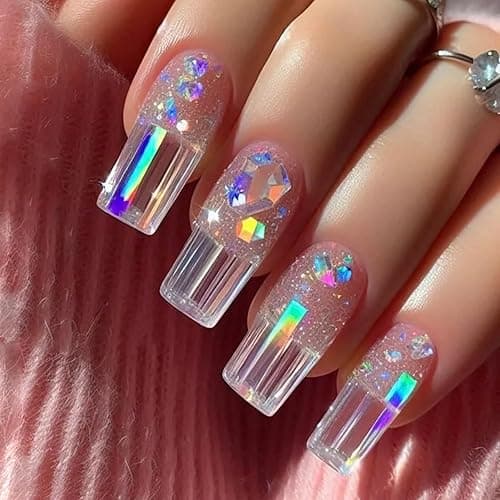 TBRZTR Press on Nails Medium Ballet Shaped Pink Aurora Fake Nail Full Cover Glossy Artificial Stick on Nail Glitter Acrylic Artificial Fingernails Reusable Glue on Nails for Women Manicure 24Pcs