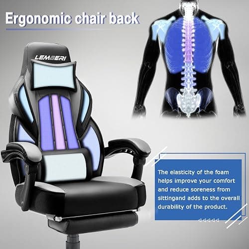 LEMBERI Gaming Chair with Footrest, Ergonomic Video Game Chair for Adults, Big and Tall Chair 400lb Weight Capacity, Racing Style Computer Gamer Chair with Headrest and Lumbar Support, PU Leather thumbnail 5