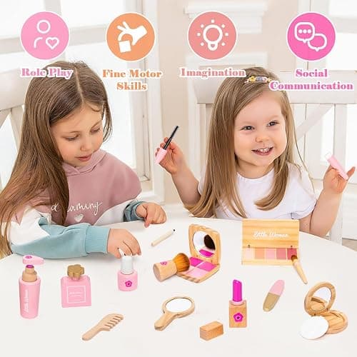 Wooden Makeup Toy Set, Pretend Play Makeup Kit for Toddlers Realistic Beauty Salon Set for Girls with Eyeshadow Lipstick Perfume Brush and Cosmetic Bag Birthday Gifts for Girls Toys Kids Aged 3 4 5 6 thumbnail 3