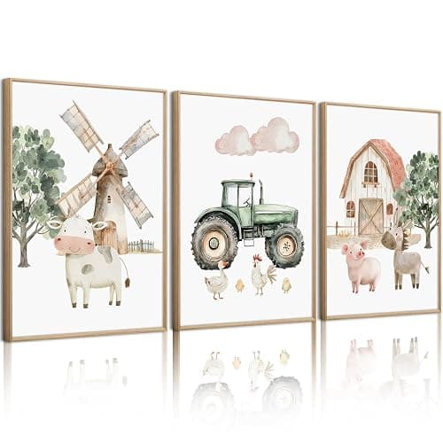 Nursery Farm Animal Wall Art Decor Baby Animal Canvas Prints Nursery Kids Farmhouse Poster Farm Cow Pig Pictures Wall Decor Green Tractor Painting Artwork for Children Bedroom 12x16 Inch Unframed 3Pcs - Image 1