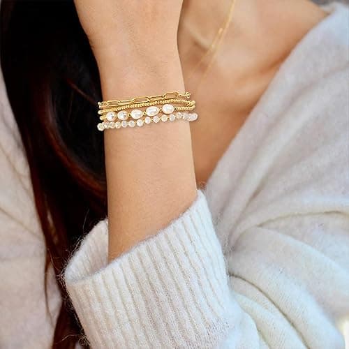 Pymach Dainty Gold Plated Pearl Crystal Beaded Bracelets Set for Women 14K Gold Plated Bead Pearl Crystal Beads Bracelet Stackable Paperclip Link Chain Bracelets Gold Plated Bracelets for Women Trendy Jewelry thumbnail 6