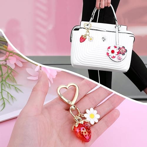 Apausvcm Cute Strawberry Keychain, Bag Purse Charms Kawaii Heart daisy flower Key Chains Accessories Strawberry Shortcake Decor for Handbags Backpack Women Girls Gift thumbnail 6