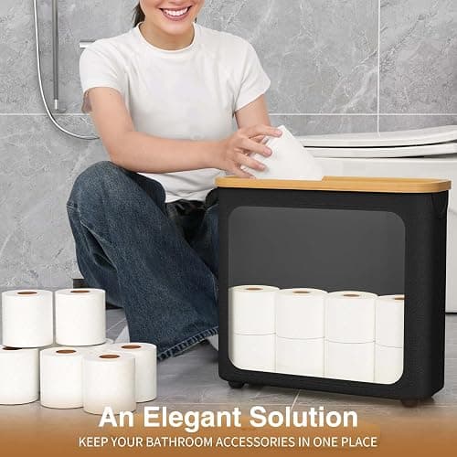 WRRLORS Toilet Paper Storage with Bamboo Lid,Black Foldable Basket | for Bathroom ,Holds 9 Mega/12 Regular Rolls,Waterproof Toilet Paper Holder Storage with Non-Slip Base,Black thumbnail 5