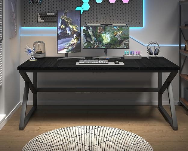 HSH 70 Inch Long Black Desk, Large Metal Wood Computer Desk for 2 Monitors, Modern Home Office PC Laptop Desk for 2 People Executive Writing Work Study Gaming, Simple Bedroom Living Room Black Table thumbnail 3