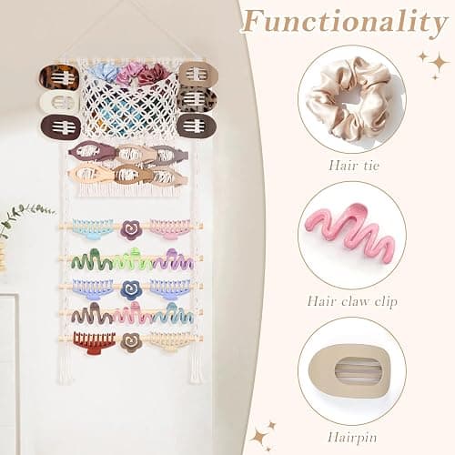 SNOWSTAR Macrame Hair Claw Clip Organizer,Large Capacity Mesh Bag Scrunchies Holder and Hair Ties Organizer for Women Girls,Hair Accessorie Hanging Storage Home Decor Wall,Door thumbnail 5