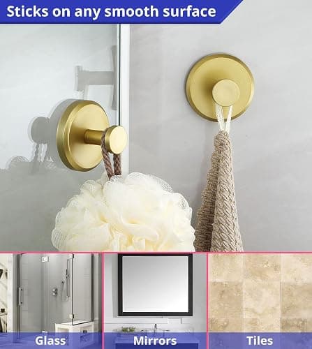 HOME SO Suction Cup Hooks for Shower, Bathroom, Kitchen, Glass Door, Mirror, Tile – Loofah, Towel, Coat, Bath Robe Hook Holder for Hanging up to 15 lbs – Waterproof, Matte Brushed Satin Gold (2-Pack) thumbnail 3