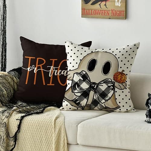 AVOIN colorlife Happy Halloween Cute Ghost Trick or Treat Throw Pillow Covers, 18 x 18 Inch Polka Dot Pumpkin Bat Cushion Case for Sofa Couch Set of 4, Black thumbnail 6