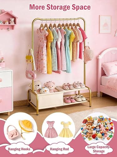 Atrastout Kids Clothing Rack-Portable Kids Clothing Rack with Storage Shelf - Toddler Garment Organizer for Baby Clothes, Dance Costumes, Girls Gift Ideas（Gold） thumbnail 7