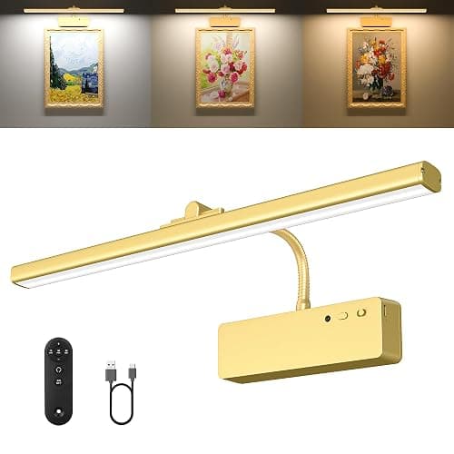 Picture Light, 15.35inch Wireless Picture Lights for Wall Rechargeable, 5400mAh Battery Wall Light with Remote, 3 Color Art Lighting for Paintings with Timer and Dimmable for Display, Gallery (Gold) - Image 1