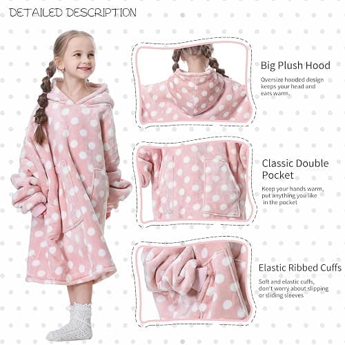 Aemicion Pink Polka Dot Wearable Blanket Hoodie for Girls 6-12, Kids Oversized Hooded Blanket with Sleeves, Soft Fleece & Sherpa Lounge Wear, Cute Birthday Christmas Gifts for Girls thumbnail 5
