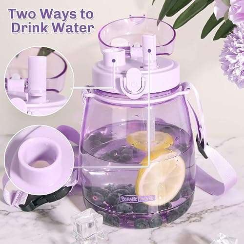 MOIOIBE Kawaii Water Bottle with Straw 45oz with Two Ways to Dinking Modern Cute Water Jug With Strap for Women/Teen Girl/School, Purple thumbnail 3
