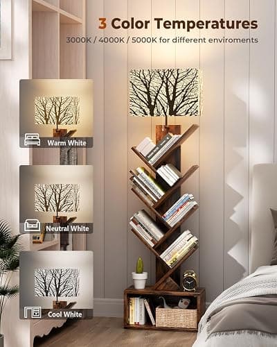 Evermagin Tree Bookshelf with Light, 6 Tier Small Bookcase, Narrow Floor Standing Book Tower Organizer with Storage Cabinet for Living Room, Bedroom and Home Office, Rustic Brown thumbnail 4