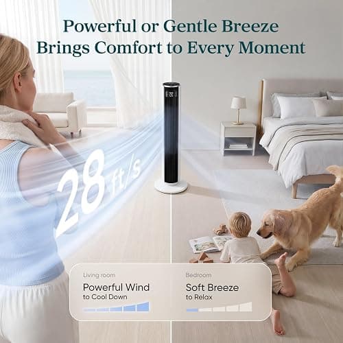 Levoit Tower Fan for Bedroom, 28ft/s Fans that Blow Cold Air, 28dB Quiet | Standing Floor Fan for Room, 90° Oscillating, 5 Speeds 4 Modes & Temp Sensor, Bladeless, 12H Timer, Remoter, 36 inch, White thumbnail 2
