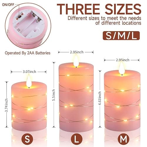 Da by 3 Pack Pink Real Wax Flameless Taper Candles, Lifelike Flickering LED Flame Candles with Surrounding Fairy String Lights, Soft Warm Battery Candles with Remote for Home Wedding Party Decor thumbnail 3