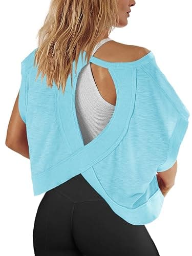Panadila Womens Open Back Workout Top Oversized Workout T Shirts Backless Athletic Shirt Short Sleeve Baby Tee - Image 1