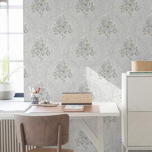 Ismoon Floral Peel and Stick Wallpaper Vintage White and Grey Contact Paper Boho Watercolor Damask Wallpaper Textured Removable Self Adhesive Vinyl Wall Paper for Bedroom, 17.3 in X 6.5 ft thumbnail 9