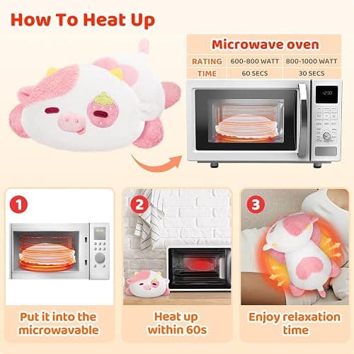 Mewaii Microwavable Stuffed Animal Strawberry Cow Plush, for Cramps, 10in | 50 Min Long-Lasting Warmth, Heatable & Coolable Use, 1.2 lb Weighted Plush Feel, Cozy Gift for Women & Girls thumbnail 2