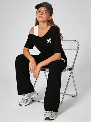 Kxuryueo Teen Girls Clothes Off the Shoulder Top and Wide Leg Pants Matching Outfit Set with Pockets Size 7-16 thumbnail 5